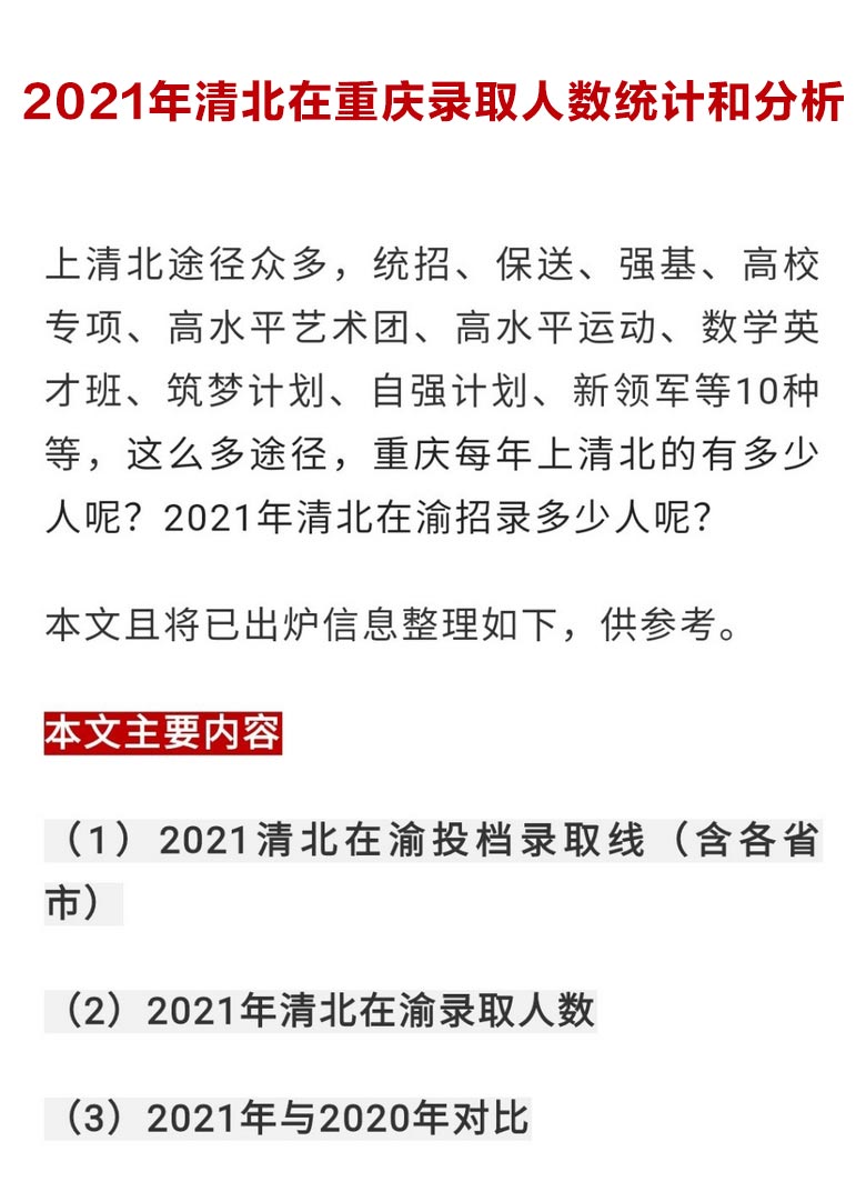 2021年清北在重庆录取人数统计和分析